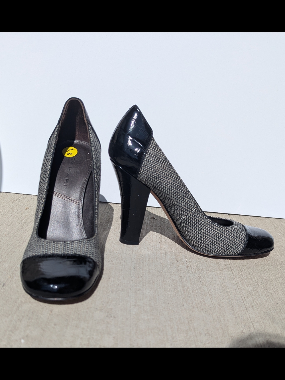 Tahari "Kirin" Black Patent & Gray Tweed Cap-Toe Pumps